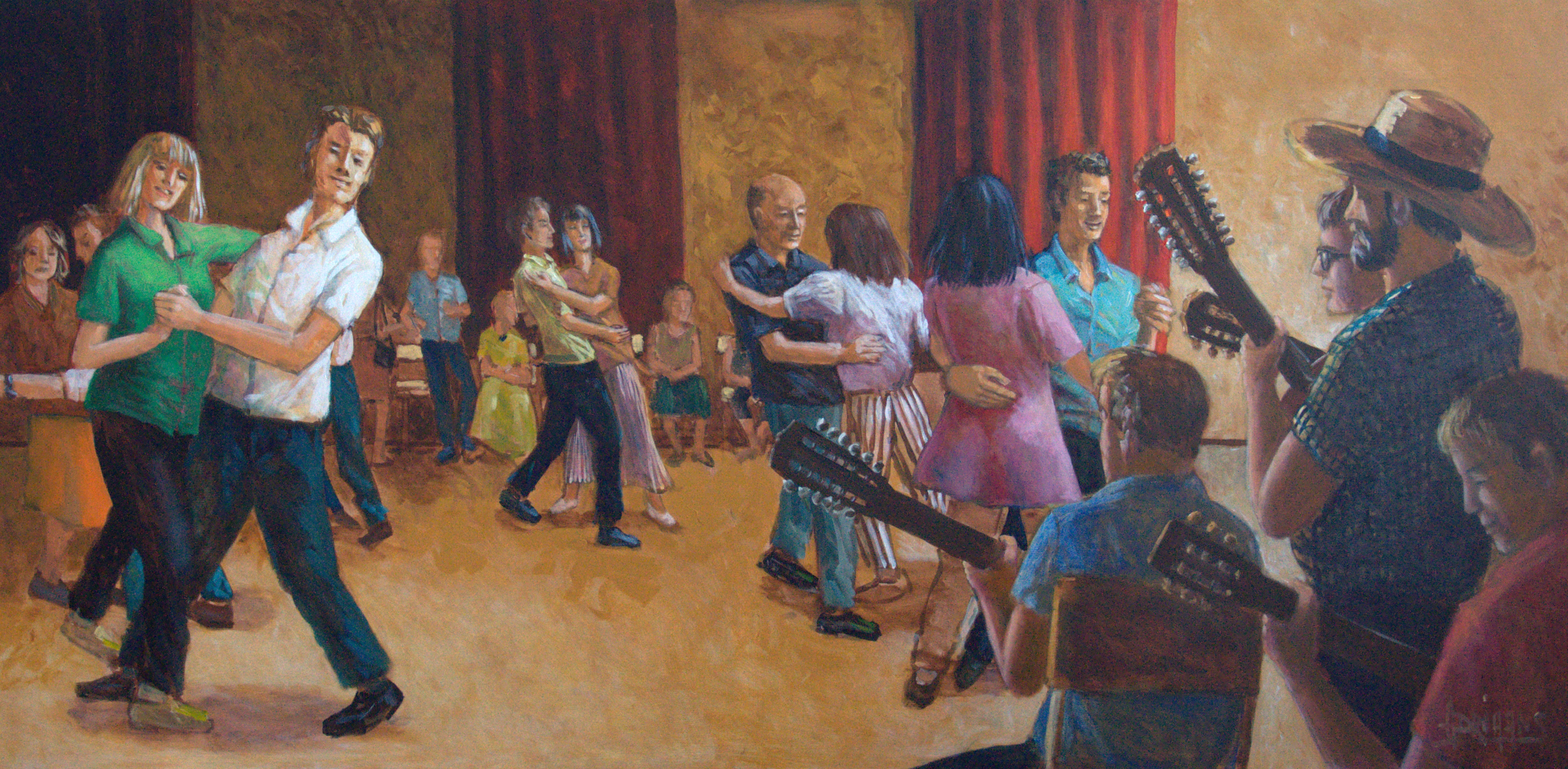 Baile de roda 
Acrylic paint on plywood 
122 x 250 cm 

Painting of a traditional dance party at the Azores. 