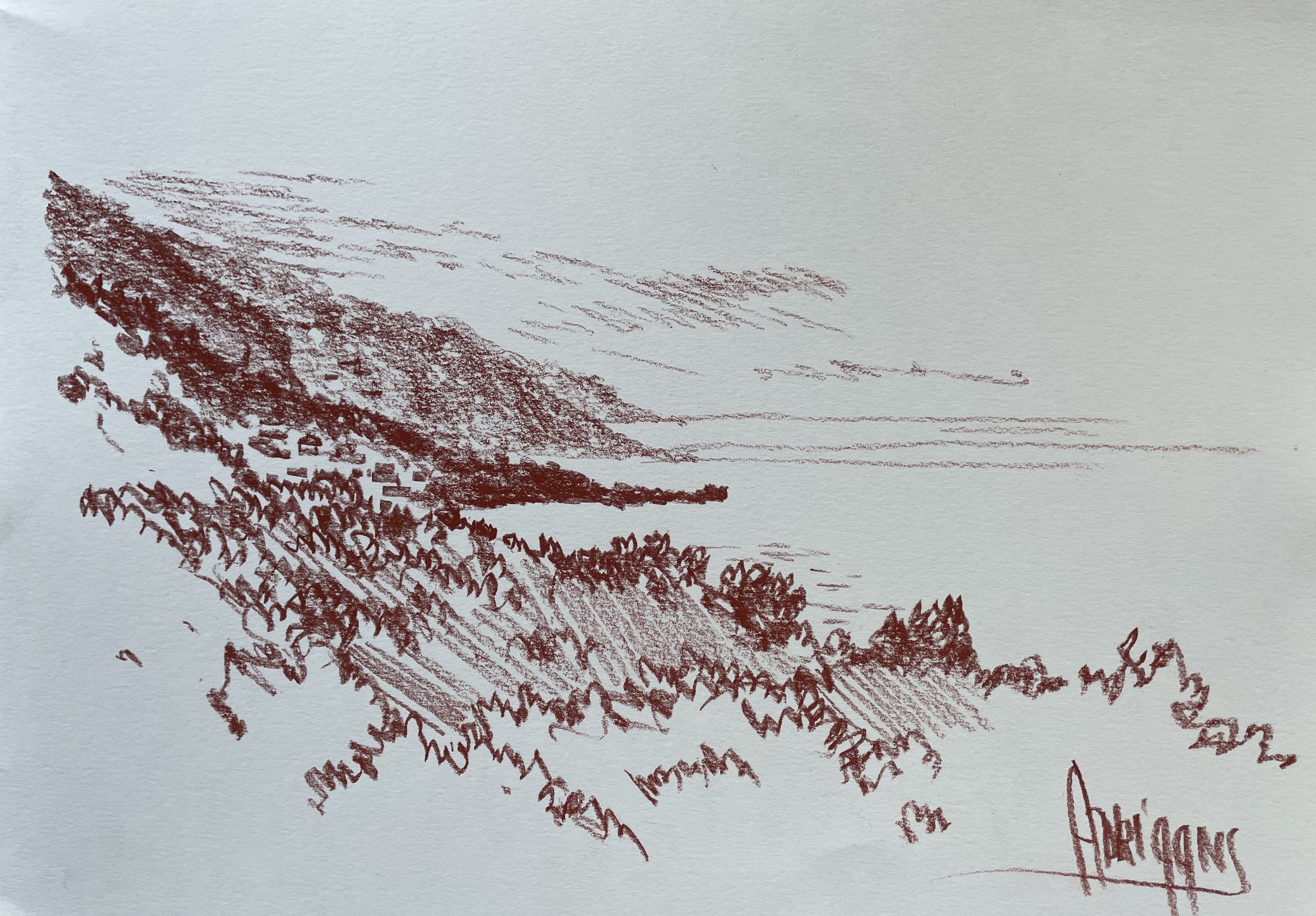 Sketche in conté of the coast at Manadas